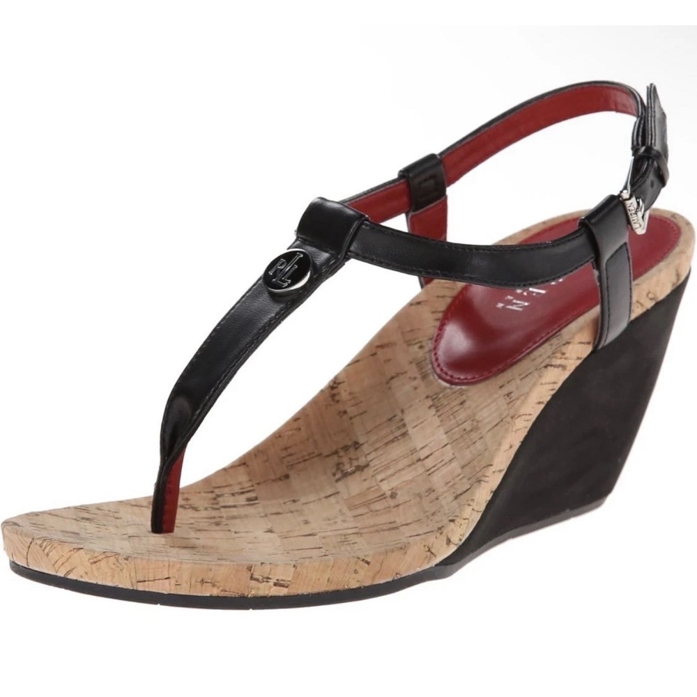 NEW Lauren Ralph Lauren Reeta Black Cork Wedge Sandal Womens 6.5B Thong Nautical